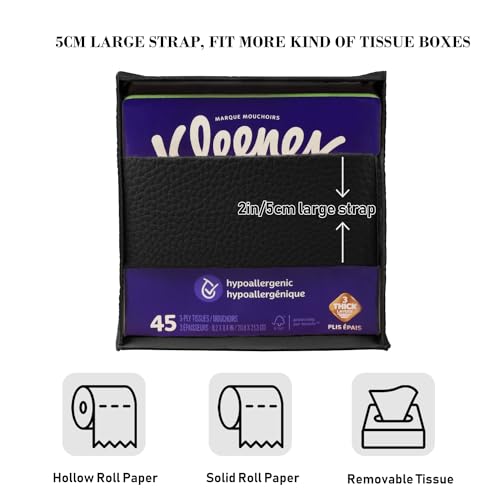 Tissue Box Cover Holder Square Tissue Cube Cover PU Leather Tissue Organizer with Bottom Belt for Bathroom, Tabletop, Car, Night Stands, Office, Home, Kitchen (2, Black) - color: Black
