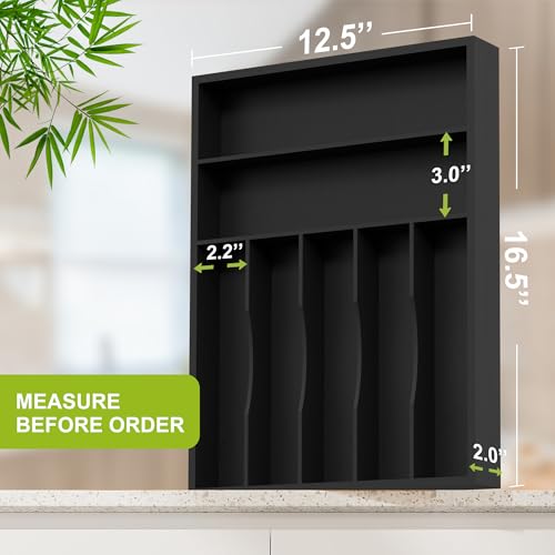 Unibambou Sliverware Organizer, Bamboo Kitchen Drawer Organizer, Flatware Organizer Tray Holder for Sliverware, Utensil & Cutlery (Black, 7 Slots) - color: Black, size: Large 12.5x16.5 Inch