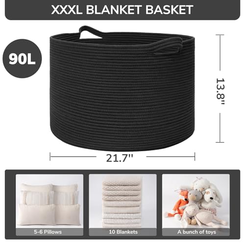 INDRESSME XXXLarge Blanket Basket 21.7" x 21.7" x 13.8" Woven Storage Baskets Soft Cotton Rope Toy Baskets Storage Kids Decorative Laundry for Home, Perfect for Living Room, Black - color: Black, size: 21.7"D x 13.8"H