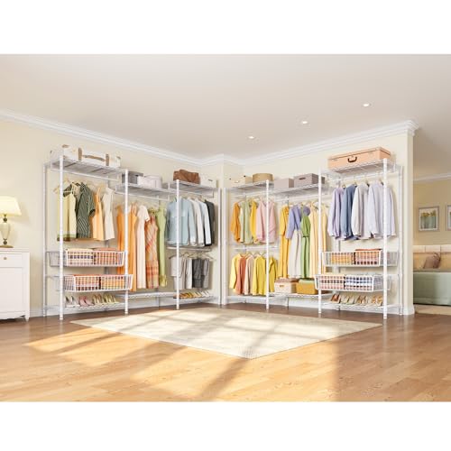 VIPEK V10 Wire Garment Rack 5-Tiers Heavy Duty Clothes Rack Large Size Clothing Rack with 4 Hanging Rods, 6 Wire Shelves and 2 Slid Baskets, 68.9" W x 15.7" D x 76.4" H, Max Load 920 LBS, White - color: White