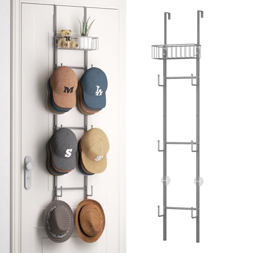 HapiRm Over Door Hat Rack - 2 Packs Wall Mounted Hat Holder with 6 Hooks and Metal Basket Design, Baseball Cap Organizer Storage Up to 32 Caps for Door, Bedroom, Closet (Grey) - color: Grey, size: 1 Pack