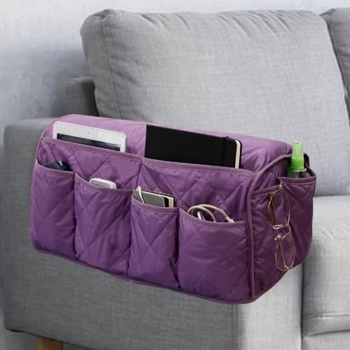 Sofa Armrest Organizer,Couch Remote Control Holder with 14 Pockets Waterproof Non Slip Recliner Organizer for TV Remotes Caddy, Book, Magazines, Ipad (Purple) - color: Purple