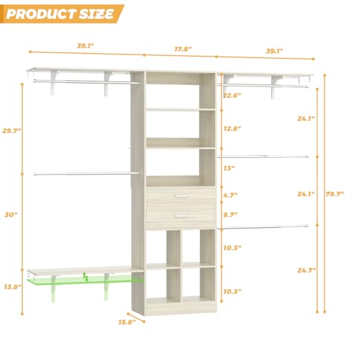 Besiost Closet System - 5-8FT Closet Organizer System with Wooden Drawers & Cube Storage Organizer, Up To 96" Closet Systems for Nursery & Walk-In Closets with Cuttable Hanging Shelving, Greige Oak - color: Greige Oak, size: 8 FT
