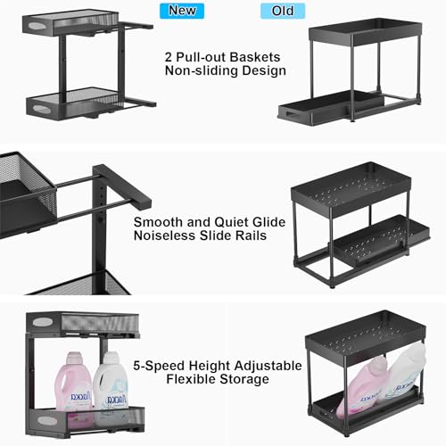 2 Pack Under Sink Pull Out Organizer, 2-Tier Adjustable Height Carbon Steel Storage Rack for Kitchen and Bathroom Cabinet, Black - color: Black