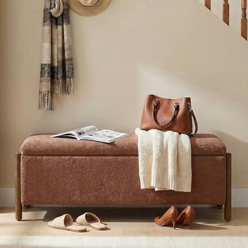 Usaint Wooden Storage Ottoman Bench, 47" Fabric Upholstered End of Storage Bench with Rubberwood Legs, Entryway Bench with Storage for Bedroom, Living Room, Reception, Cloakroom, Rusty Red - color: Rusty Red