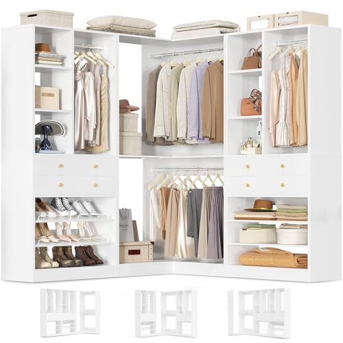 Besiost Closet System with 4 Drawers and Hanging Rods, 59.5"L / 87"L Closet Organizer System with Corner Tower, L Shaped Walk-in Closet System, Corner Closet System with Shelves, Set of 3, White - color: White, size: 59.5" * 59.5"