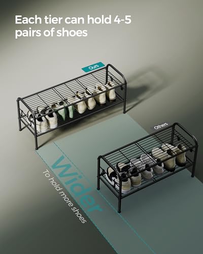 SONGMICS Shoe Rack, 2-Tier Shoe Organizer, Metal Shoe Shelf Storage with 4 Side Hooks, Holds 12 Pairs of Shoes, Height-Adjustable Shoe Rack for Entryway, Hallway, Closet, Ink Black ULMR128B01 - color: Ink Black, size: 2 Tiers (33.5"W)