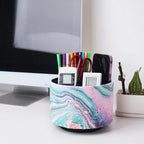 Round Leather Art Supply Organizer,Remote Control Holder,360-degree Rotating Pen Organizer with 4 Compartments(1-Pink Green Splash Ink) - color: 1-Pink Green Splash Ink