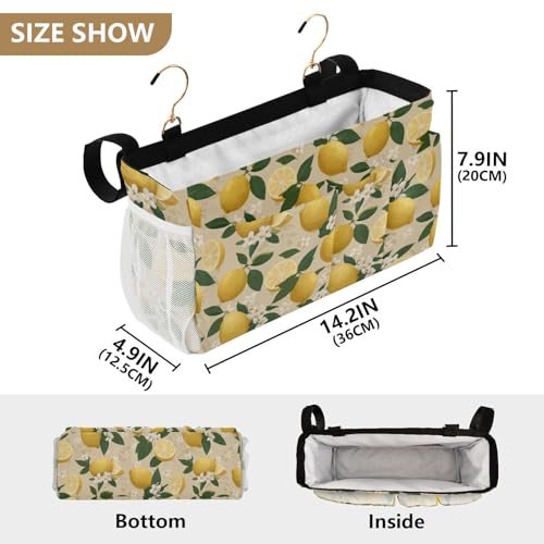 Bedside Caddy Hanging Bunk Bed Caddy Bed Organizer Hanging Pocket with 2 Hooks Bedside Storage Organizer Pocket Bag Holder Beige Lemons and Flowers - color: Beige Lemons and Flowers