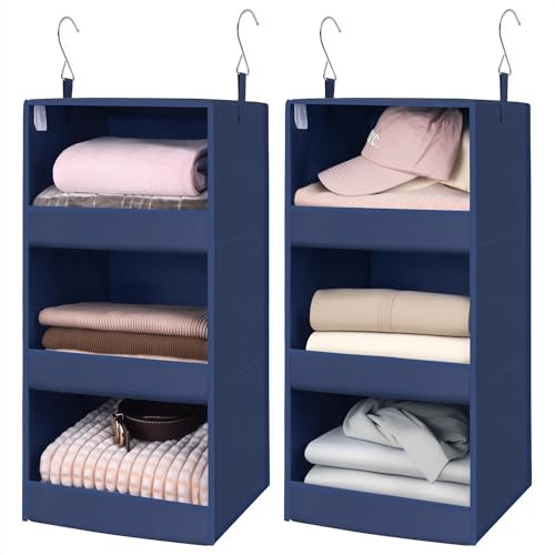 GRANNY SAYS 3-Shelf Closet Organizers and Storage, Foldable Hanging Closet Organizer, Closet Hanging Shelves with 2 Metal Hooks, Leak-Proof Hanging Organizer for Closet, Navy, 2-Pack - color: 3-shelf Navy, size: 2-Pack
