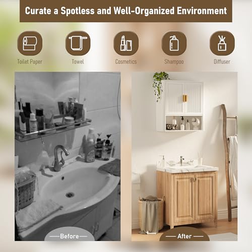 INNOD Bathroom Wall Cabinet, Wall-Mounted Medicine Cabinet with Adjustable Wood Shelf & Doors, Floating Bathroom Cabinet Over Toilet for Laundry Room & Kitchen & Living Room (White) - color: White