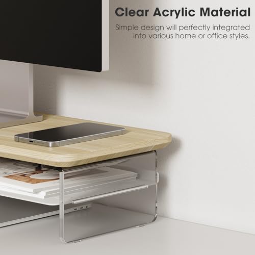 Fenge Acrylic Monitor Stand Riser, 23.6 Inches Monitor Stand with Metal Storage, 2 Tier Acrylic Computer Riser for Desk, Clear Laptop Stand for PC, Laptop, Printer, TV - color: Oak, size: 23.6in