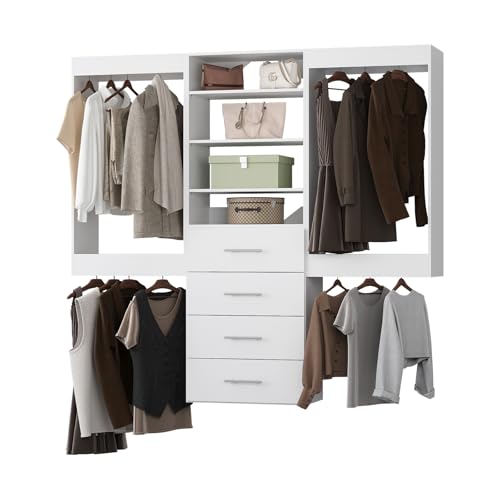 Modular Closet System, 60" Wide Closet Organizer System with Hanging and Drawers, Wood Tower Closet Storage for Walk In Closets, Wall Mounted Wardrobe Organizer Kit System, Bedroom, White - color: White, size: 60" Wide, style: Double Hanging*2 + 4 Drawer