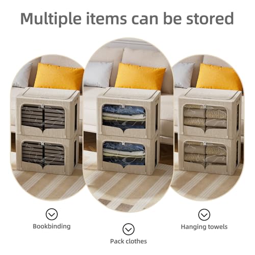 FHSQX 3 Pack Clothes Storage Bins - Foldable Metal Frame Storage Box - Stackable Linen Fabric Container Organizer Set with Carrying Handles and Clear Window (Beige, 16.5x12.2x12.2inch(40L)) - color: Beige, size: 16.5x12.2x12.2inch(40L)