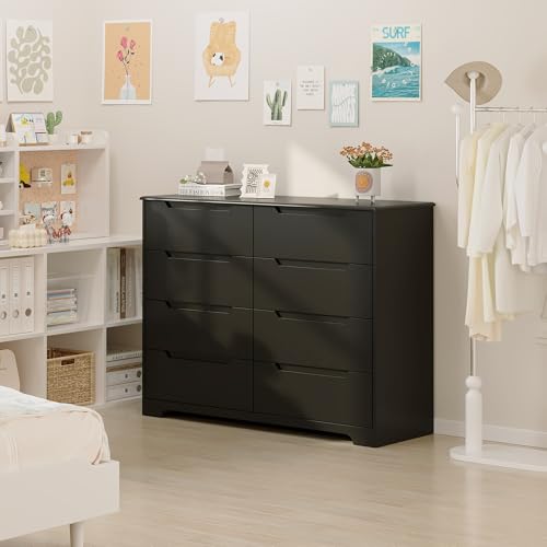 Gizoon 8 Drawer Dresser, 47" Wide Black Dresser for Bedroom with Cut-Out Handles, Modern Wooden Chest of Drawers with Anti-Tip Kit, for Living Room, Hallway, Entryway, Home Office - color: Black, size: 15.7"D x 47.2"W x 35.4"H (8 Drawers)