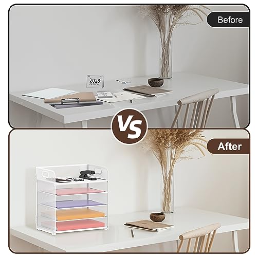 Supeasy 5 Trays Paper Organizer Letter Tray with Handle-Mesh Desk File Holders, Paper Sorter Desk Organizer for Office, Home, Classroom or School, White - color: White