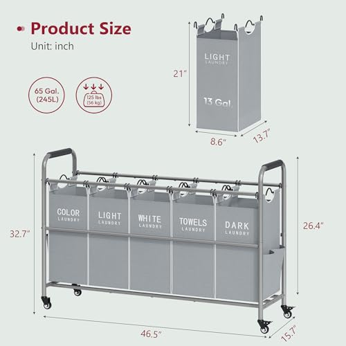 Tajsoon 5 Bag Laundry Sorter Cart, Laundry Hamper Sorter Basket with Heavy Duty Lockable Rolling Wheels for Clothes Storage, Grey & White - color: Grey & White