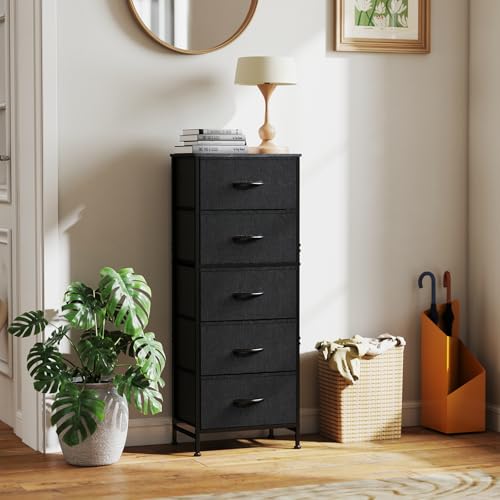 Sweetcrispy 5 Drawer Dresser with Fabric Bins, Sturdy Steel Frame and Wood Top, Storage Organizer Chest for Bedroom, Closet, Hallway, Black - color: Black, size: 15.7"D x 11.8"W x 47.7"H (5 Drawers)