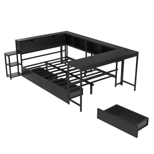 Corner Bed Frame Queen with Storage Bookshelf & Desk, U-Shaped Daybed Frame with 2 Drawers, Metal Corner Beds with Charging Station & LED Lights for Bedroom, Flip Left or Right (Black, Queen) - color: Black, size: Queen