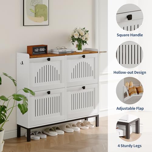 4-Door Flip Front Shoe Cabinet with Adjustable Shelves – Hidden Entryway Storage Organizer for Hallway, Foyer, Living Room – Freestanding Wooden Shoe Rack with Large Capacity & Modern Design, White - color: White & Rustic, size: 9.45"D x 41.34"W x 37.9"H