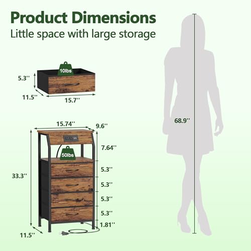 Furnulem Night Stand with Charging Station, Small Dresser with 4 Fabric Drawers, 33.3 Inch Tall Bedside Table, Storage Tower for Closet, Entryway, Bedroom Furniture, 3 Ways to Use, Rustic Brown - color: Rustic Brown, size: 4 Drawer