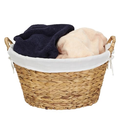Household Essentials Round Wicker Laundry Basket with Handles, Whimsical Water Hyacinth Basket, Supportive Metal Frame, Removable Polyester Liner, Handwoven, Well-Structured and Versatile, Natural - color: Natural Water Hyacinth