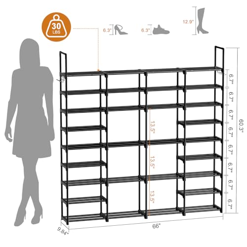 WOWLIVE 4 Row 9 Tiers Extra Large Shoe Rack 68-72 Pairs Big Tall Metal Shoe Shelf, Heavy Duty Organizer for Closet Entryway, Boot Rack Storage Stackable Stand for Garage Black - color: Black, size: 4 Row 9 Tier