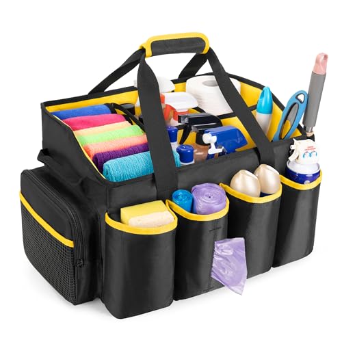 PGmoon Extra-Large Cleaning Caddy Organizer with Handle, Cleaning Supplies Tote Bag Built-in Support Boards, Cleaning Tool Organizer for Cleaners, Housekeepers, Kitchen Cleaning Supplies