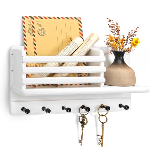 Rebee Vision Farmhouse Pine Wood Key Holder Wall Mount - Key Holder for Wall with Storage Shelf & 6 Hooks - Decorative Mail Organizer with Round Corner for Home Decor (White) - color: White