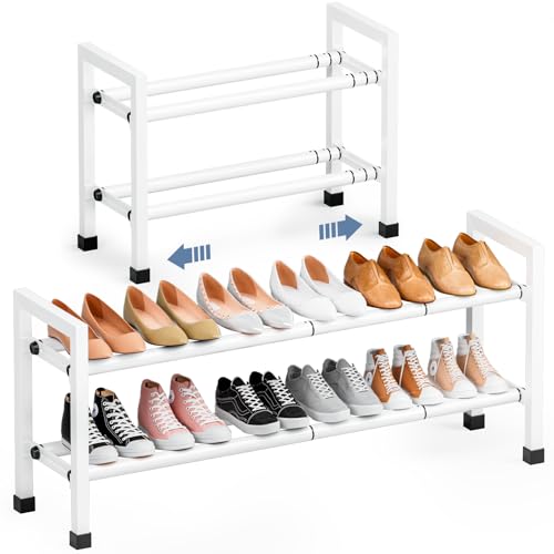 Mavivegue Expandable Shoe Rack, 2-Tier 19"-43.3" Adjustable Shoe Rack for Closet,Hall Entryway,Front Door,Garage, Sturdy Steel Space-Saving Rack, White - color: White, size: 2 Tier