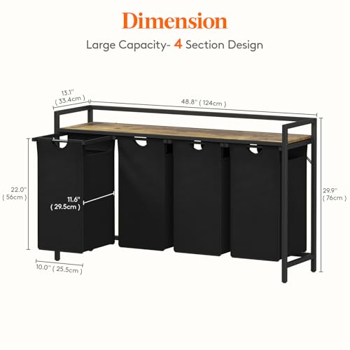 Lifewit Laundry Hamper 4 Section, 168L Pull out Laundry Clothes Basket Organizer with Large Top Shelf and 4 Removable Bags and Handles for Laundry Room Bedroom Bathroom, Black with A Shelf - color: Black, style: Laundry hamper with a shelf
