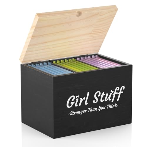Luxspire Tampon Holder for Bathroom - Discreet Feminine Product Organizer with Lid & Wood Pad, Shark Week Tampon Storage Box, Stylish Girl Stuff Organizer for Bathroom, Black - color: Black