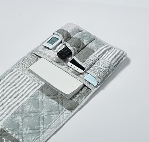 Brilliant Sunshine Grey Floral Patchwork Sofa Armrest 5 Pockets Organizer, Slip Resistant Recliner Armchair Caddy, Washable Remote Controls Holder, Storage for Magazine, Tablet, iPad, 35×13", Grey - color: Light Grey