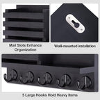 Wall Key and Mail Holder, Mail Organizer with 5 Metal Key Hooks, Selected Tung Wood, 11.8 x 6.7 inches, Includes mounting Hardware (Black) - color: Black