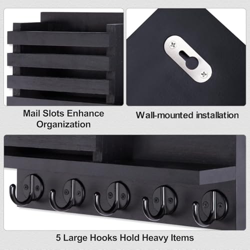 Wall Key and Mail Holder, Mail Organizer with 5 Metal Key Hooks, Selected Tung Wood, 11.8 x 6.7 inches, Includes mounting Hardware (Black) - color: Black
