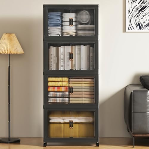 SAILUN 35Gal/140Qt Stackable Storage Bins Folding Collapsible Storage Bins with Lid, Closet Organizers and Storage Box with Door Black 18" W x 11" D x 41" H - color: Black, size: 1 Lid 4 Pack-18" W x 11" D x 41" H