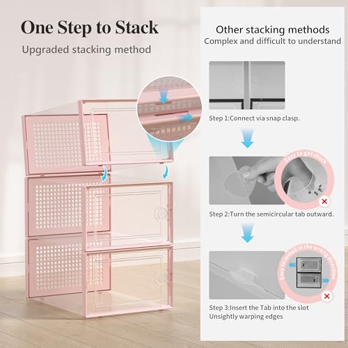 Kuject X-Large Shoe Storage Boxes Organizers Clear Plastic Stackable 12 Pack, Shoe Rack & Holder Substitute, Sneaker Containers, Toy Storage Organizer Bins for Entryway, Closet, Under Bed, Pink - color: Pink, size: X-Large