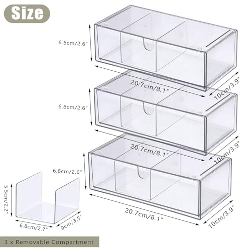 Acrylic Pencil Drawer with Removable Dividers Clear Pull Out Pen Drawer Organizer Stackable Bathroom Organizer for Makeup, Cosmetics, Office Supplies,3 Pack