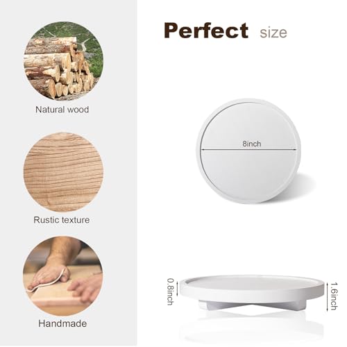Round Decorative Tray Wood Bathroom Counter Organizer Farmhouse Kitchen Decor Wooden Riser for Soap Dish, Perfume, Candle, Sponge, 8" - White - color: White, size: 8"