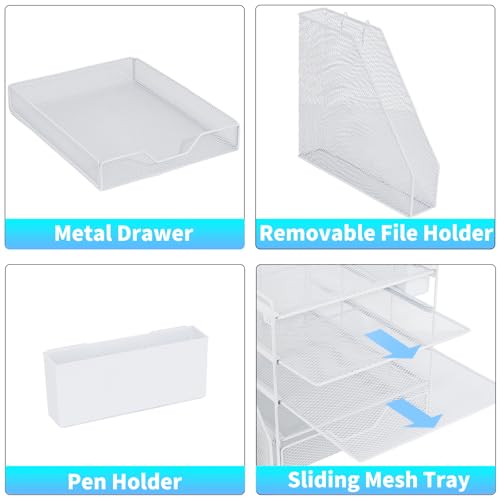 Desk Organizer, 5-Tier Paper Letter Tray Organizer with File Holder, Drawer and Pen Holder, Desktop Organizer for Office Supplies, White - color: White