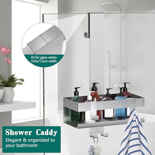 Emibele Over The Door Shower Caddy, 304 Stainless Steel Hanging Shower Caddy Rustproof Shower Shelves,No Drilling Hanging Shower Organizer for Bathroom Glass Door Up to 1.5cm,Basket: 23×10×10cm,Silver - color: Metallic Silver, style: 1-Tier