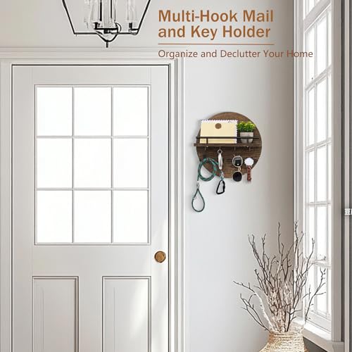 Key Holder for Wall Decorative with Shelf and Hooks, Unique Mail Organizer Wall Mount with Sunglasses Holder, Cute Circular Design Entryway Key Rack Hanger, Rustic Home Decor Boho Wall Decor - color: Brown