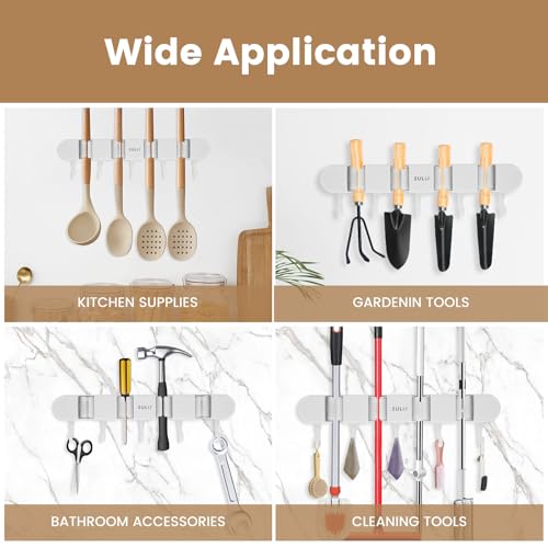 2Pcs Broom Holder Wall Mount, No-Drilling Self-Adhesive Mop and Broom Storage Rack with Hooks (4 Racks with 5 Hooks), Wall-Mounted Broom Hanger for Bathroom, Kitchen, Closet, Garage (White ﻿) - color: White ﻿
