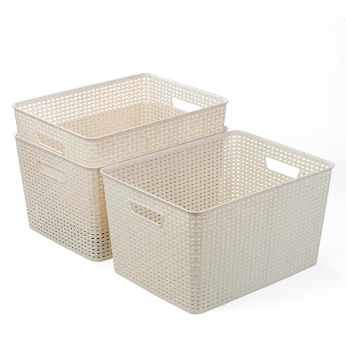 BINO | Plastic Storage Baskets, 33 Liter - 3 Pack, Natural | THE WOVEN COLLECTION | Storage Basket for Shelves | Woven Storage Baskets for Organizing Bins | Pantry Shelf Organizer | Container Bin - color: Natural, size: 33L | 3-Pack