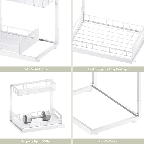 VUSIGN Under Kitchen Sink Organizer 2 Tier, Pull Out Bathroom Sink Organizers and Storage, Cabinet Kitchen Bathroom Storage Organization Shelf, 2 Pack White