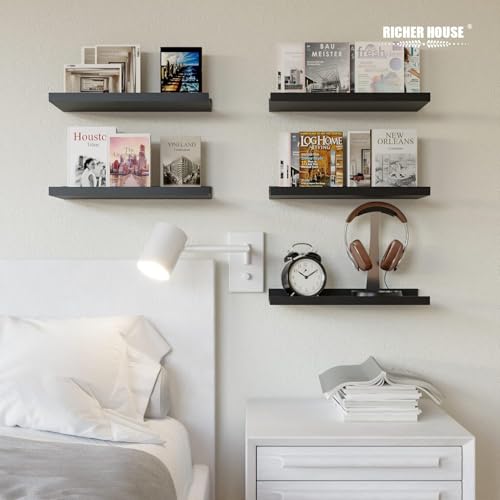 RICHER HOUSE 5 Set Floating Wall Mounted Shelves, Black Shelves for Wall Decor, Modern Picture Ledge Shelf with Lip for Storage, Nursery, Bedroom, Living Room, Bathroom - Black - color: Black, size: 5pcs*15.75in