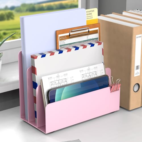 Mail Organizer Countertop, Small Desk File Organizer, Metal File Holder - Essential Workspace Organizers for Office Desk, Home Office (Pink) - color: Pink