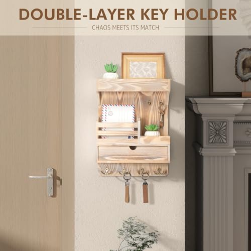 Rebee Vision Farmhouse Key Holder Wall Mount with Drawer Organizer – Wooden Mail & Key Organizer with 6 Strong Hooks & Wall Shelf – A Perfect Addition to Your Farmhouse Home Decor (Natural Wood) - color: Natural Wood, style: Large Drawer