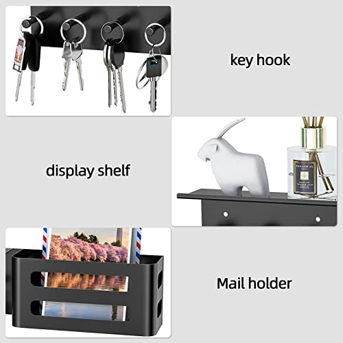 MKO Key Holder for Wall, Mail Organizer Key Rack with Tray, Key Holder Adhesive Wall Mount, 4 Hooks(Black) - color: Black with Shelf