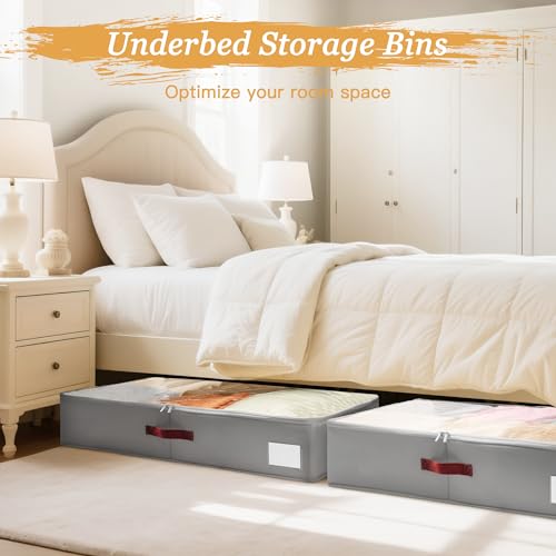 Criusia Under Bed Storage Bins with Clear PVC Lids – 4 Pack Large Underbed Organizers with Heavy-Duty Handles, Reinforced with 800G PP Panels & 80G Non-Woven Fabric – Waterproof & Foldable, Gery - color: 4 Pack Gery